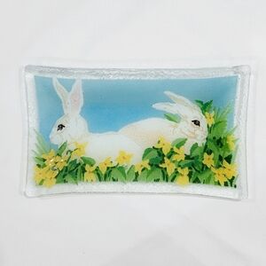 Peggy Karr Fused Glass Tray Bunny Rabbits In Daffodils Vivid Colors